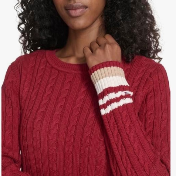 Tommy Hilfiger Maroon Cable Knit Crewneck Sweater Tipped Hems Preppy Academia - Picture 2 of 11